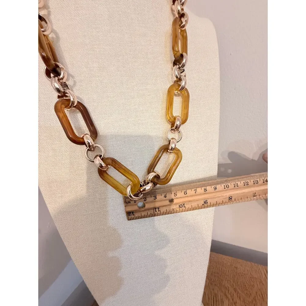 Spring Street Chunky Resin Link Necklace 26” Amber Gold Tone Chain